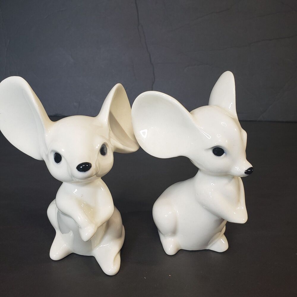 Adorable Vintage 70s White Ceramic Mouse Mice Set of 2 Big Ears Figurines